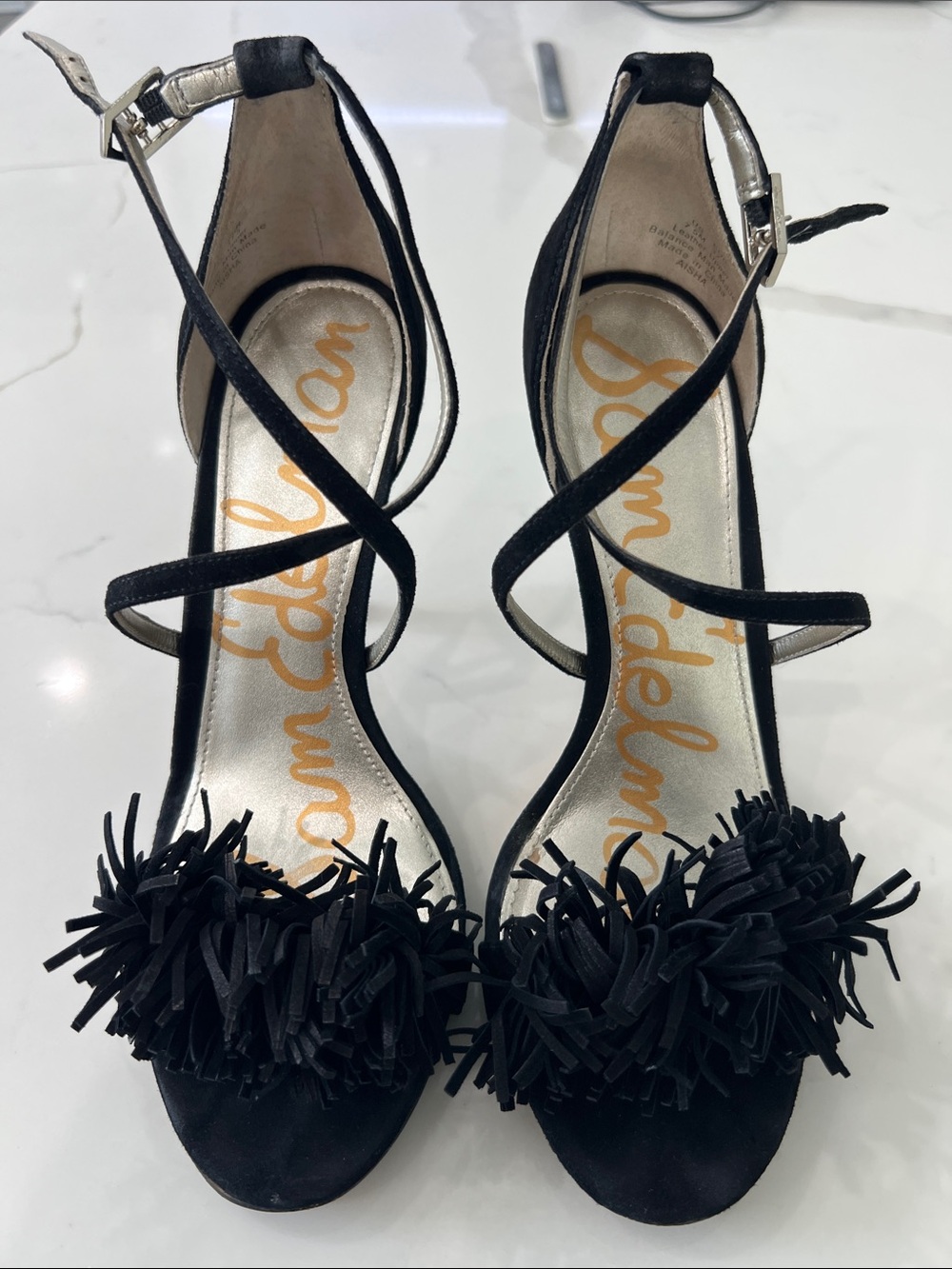 Sam Edelman Black Suede Fringe Ankle-Strap Heels